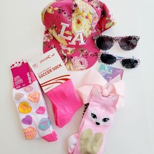 Girls Teen Pink Accessories 4 New Pairs Socks Baseball Hat 2 Sunglasses LOT